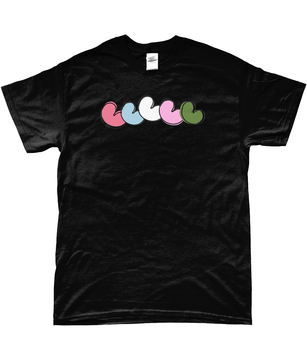 Zwart T-shirt me 5 pompeblêden in verschillende kleuren