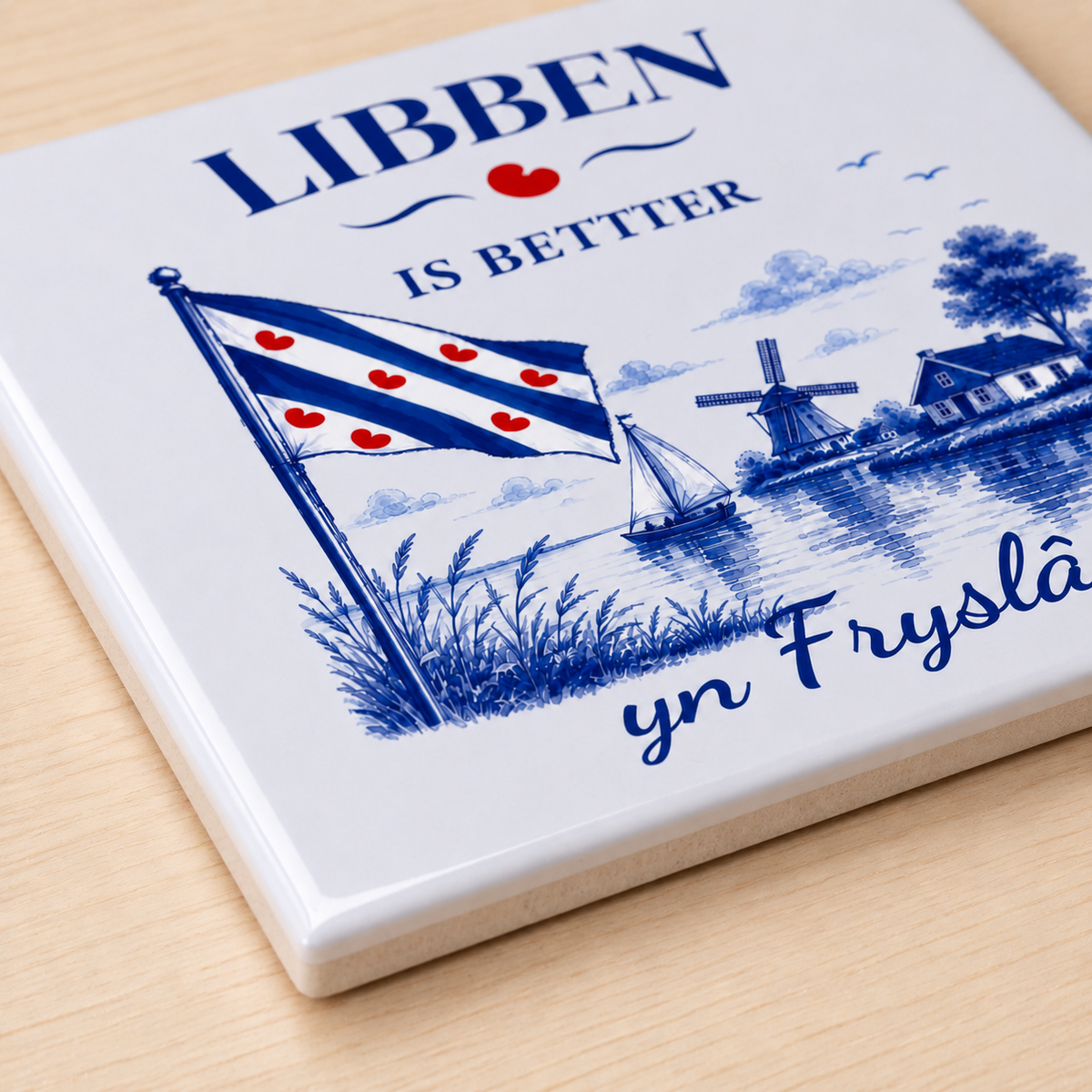 Fries keramisch tegeltje Libben is better yn Fryslân met Friese vlag, pompeblêden, zeilboot en molen
