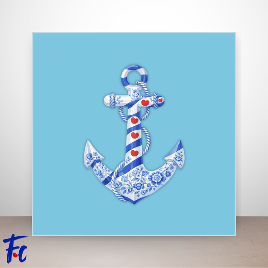 Delftsblauw anker met Friese pompeblêden en bloemen in maritieme stijl