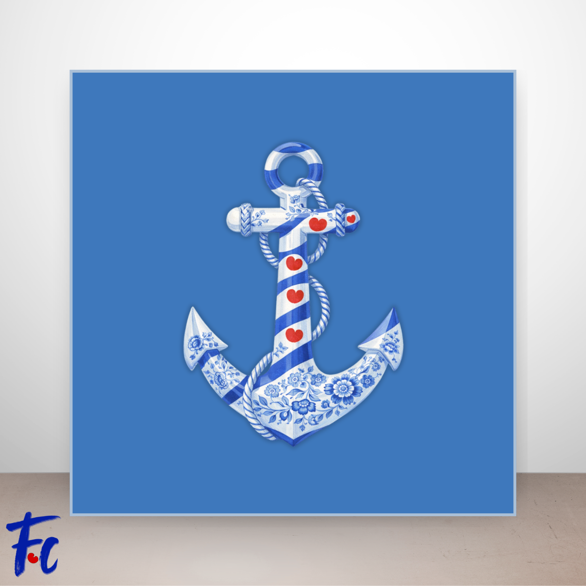 Delftsblauw anker met Friese pompeblêden en bloemen in maritieme stijl