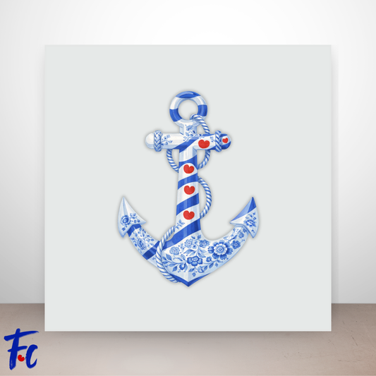 Delftsblauw anker met Friese pompeblêden en bloemen in maritieme stijl