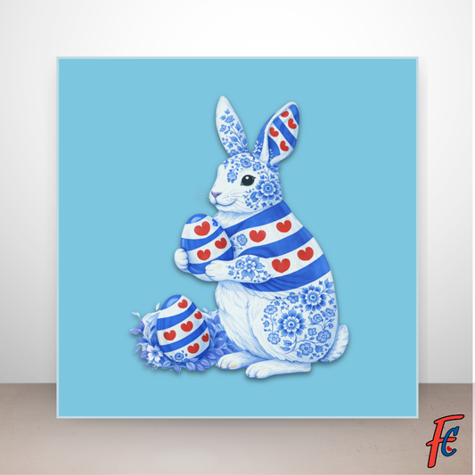 Paashaas tegeltje Friese Delftsblauw stijl met Friese vlag en pompeblêden