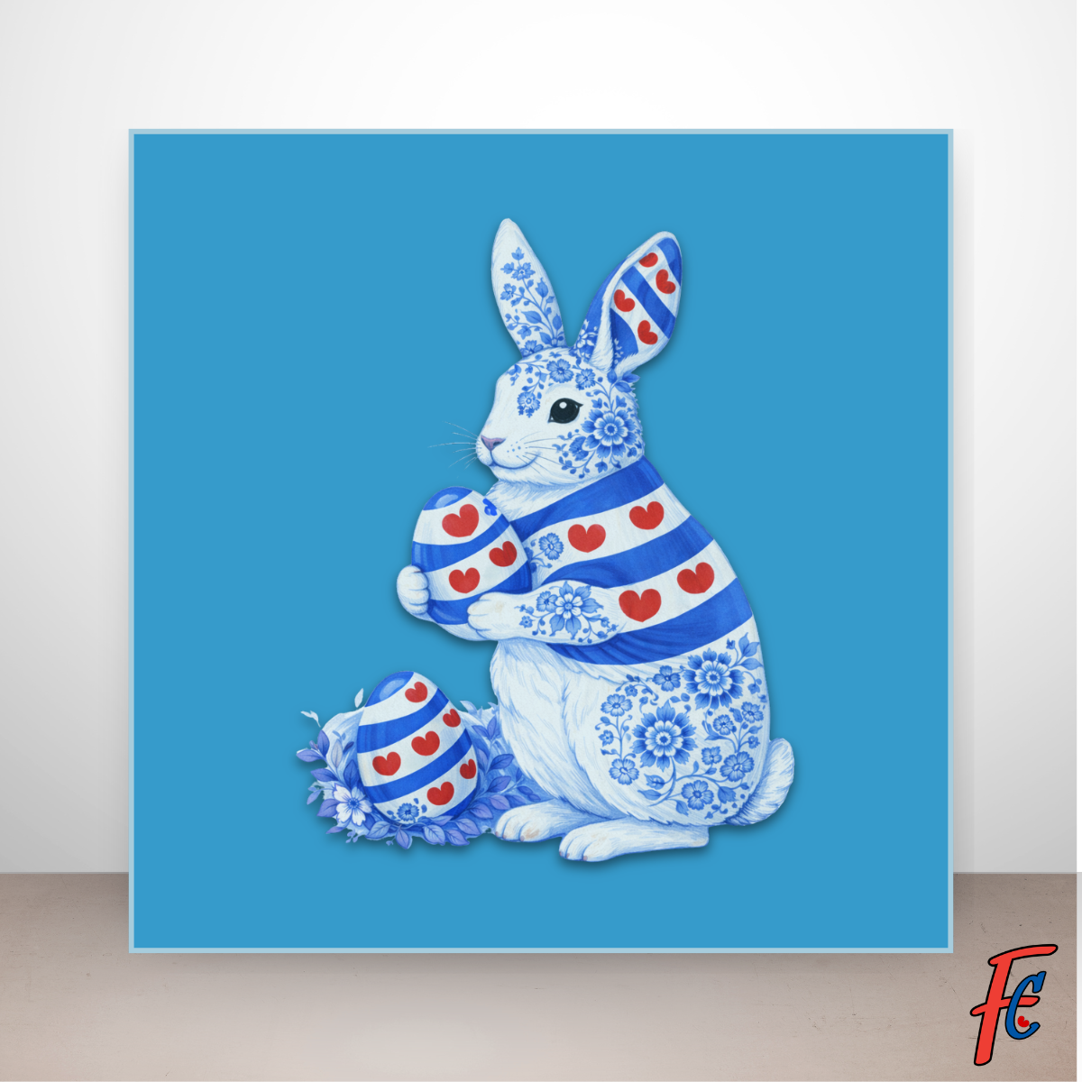Paashaas tegeltje Friese Delftsblauw stijl met Friese vlag en pompeblêden