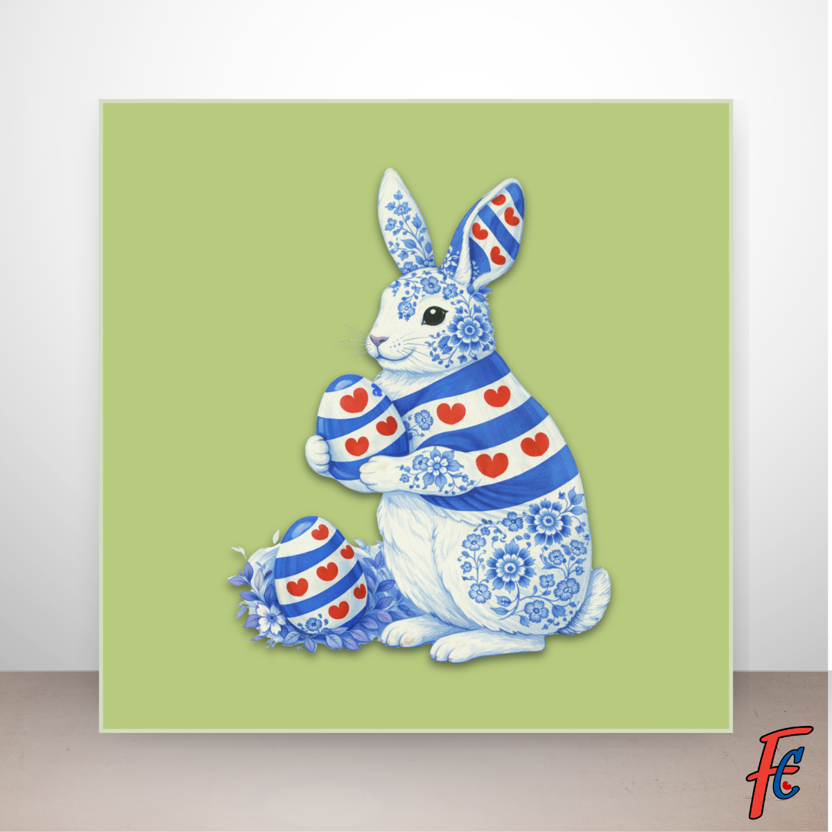 Paashaas tegeltje Friese Delftsblauw stijl met Friese vlag en pompeblêden