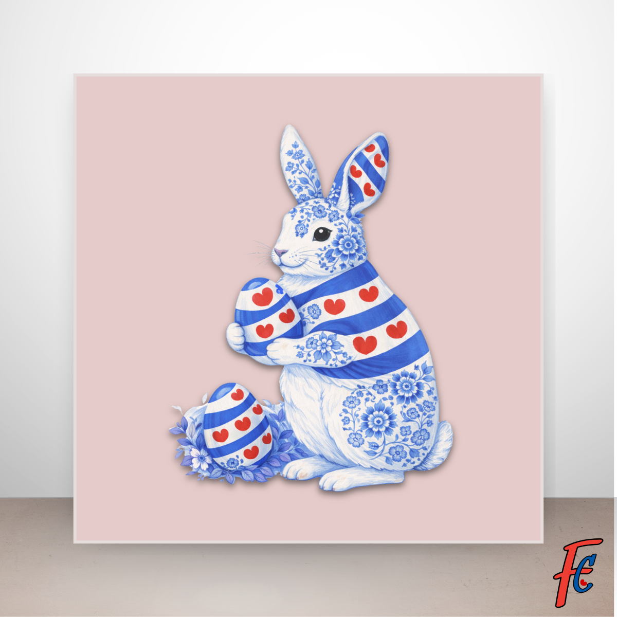 Paashaas tegeltje Friese Delftsblauw stijl met Friese vlag en pompeblêden