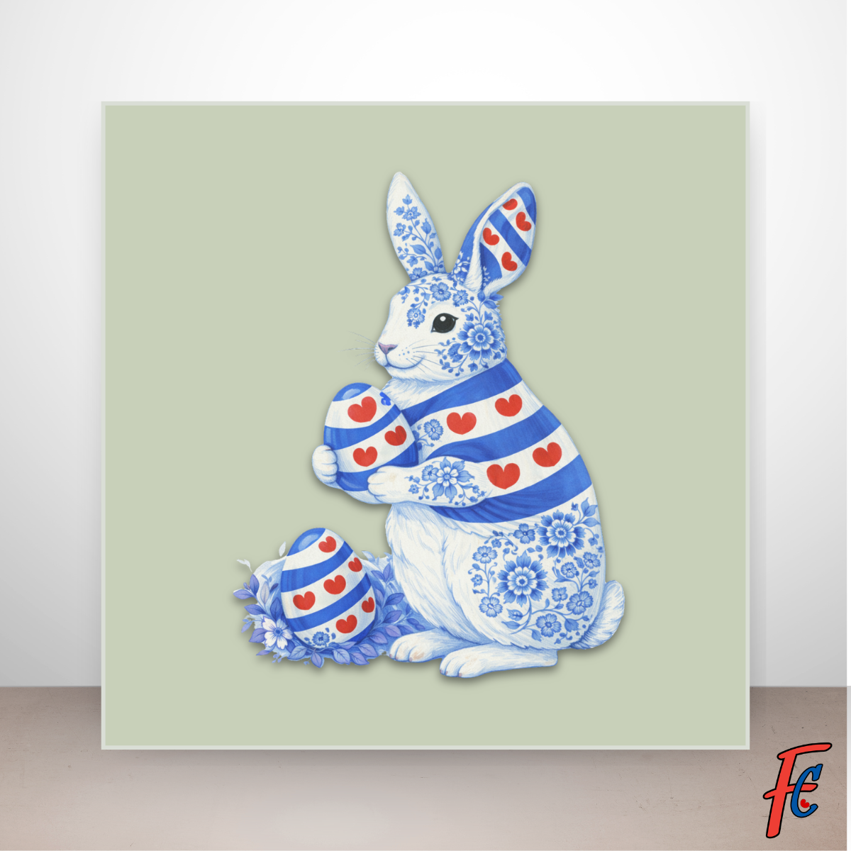 Paashaas tegeltje Friese Delftsblauw stijl met Friese vlag en pompeblêden