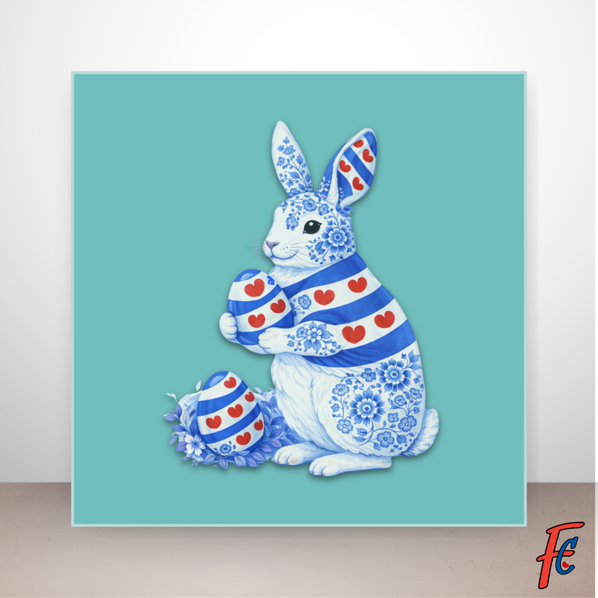 Paashaas tegeltje Friese Delftsblauw stijl met Friese vlag en pompeblêden