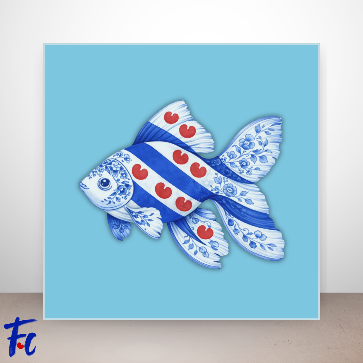 Friese goudvis illustratie in Delftsblauw stijl met rode Friese pompeblêden op blauwe achtergrond.
