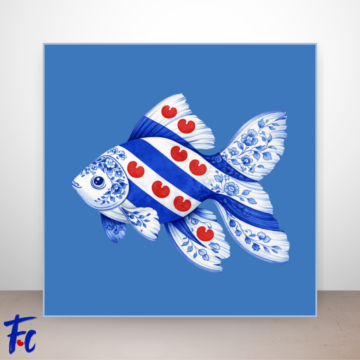 Friese goudvis illustratie in Delftsblauw stijl met rode Friese pompeblêden op blauwe achtergrond.