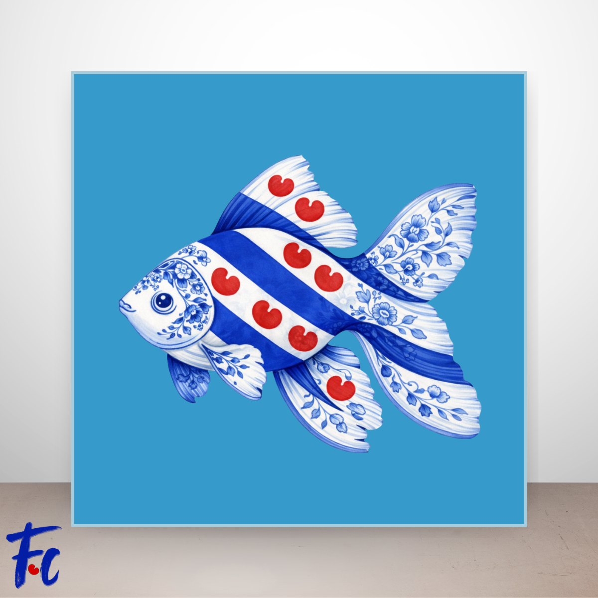 Friese goudvis illustratie in Delftsblauw stijl met rode Friese pompeblêden op blauwe achtergrond.