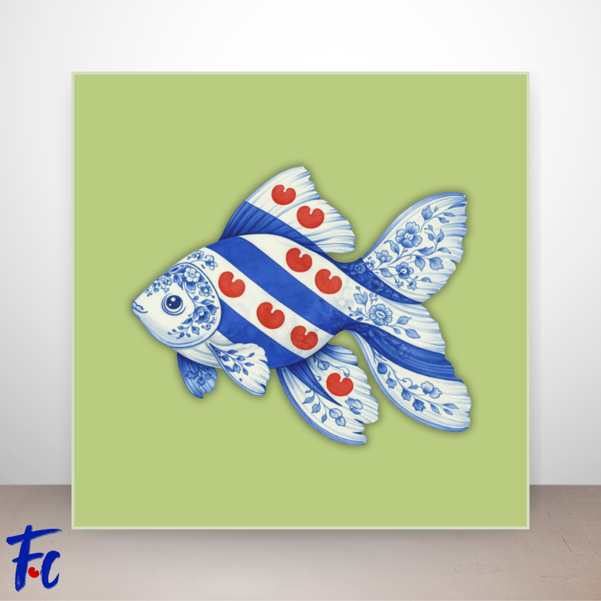 Friese goudvis illustratie in Delftsblauw stijl met rode Friese pompeblêden op blauwe achtergrond.