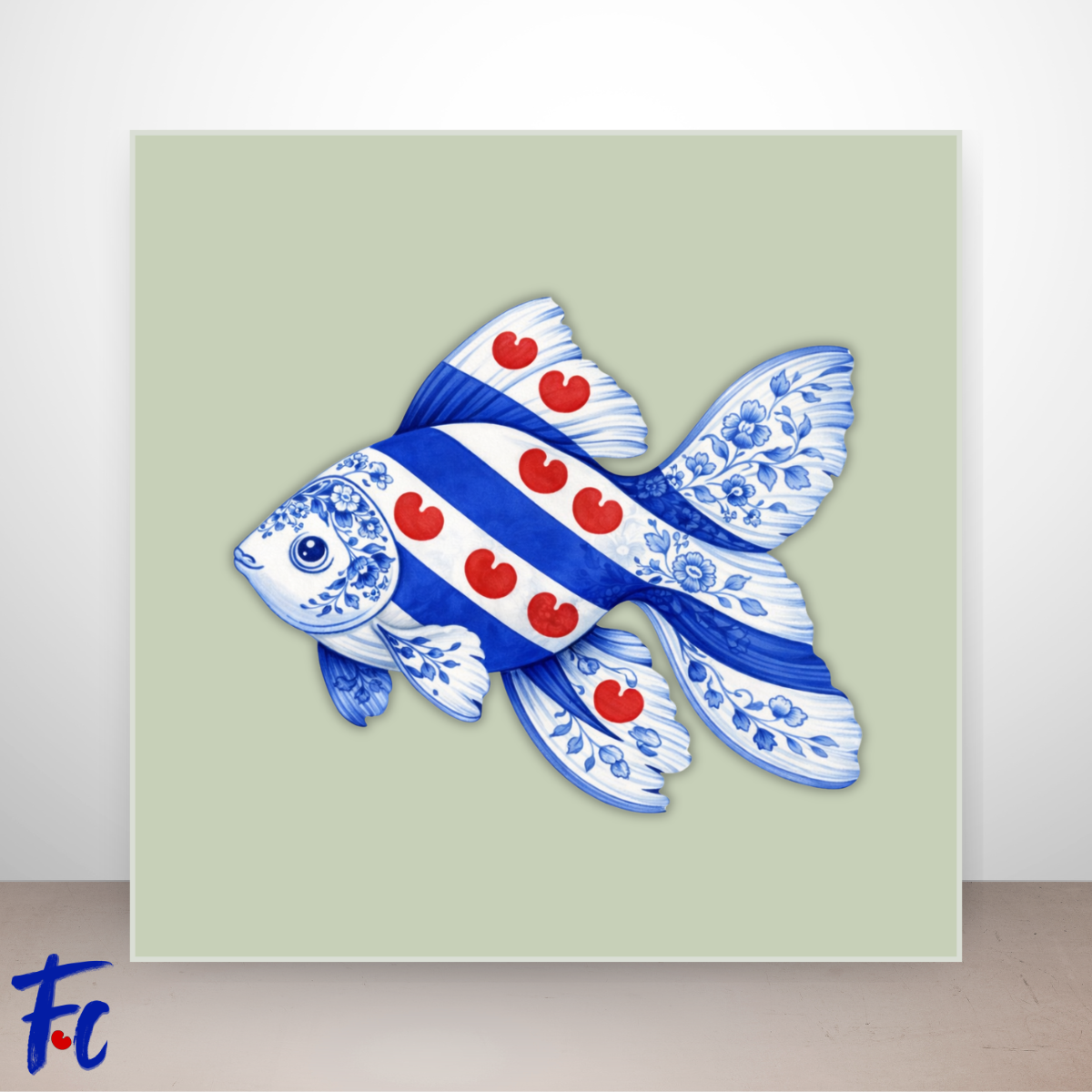 Friese goudvis illustratie in Delftsblauw stijl met rode Friese pompeblêden op blauwe achtergrond.