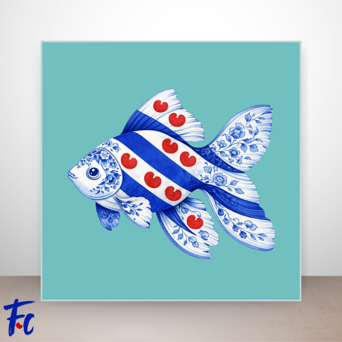 Friese goudvis illustratie in Delftsblauw stijl met rode Friese pompeblêden op blauwe achtergrond.