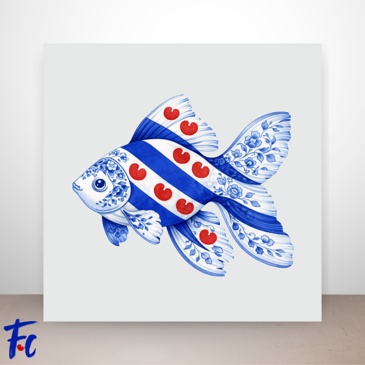 Friese goudvis illustratie in Delftsblauw stijl met rode Friese pompeblêden op blauwe achtergrond.
