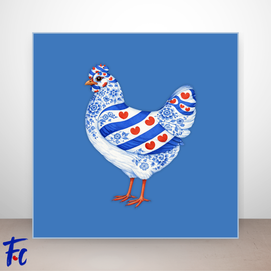 Friese kip illustratie in Delftsblauw stijl met rode pompeblêden uit de Friese vlag