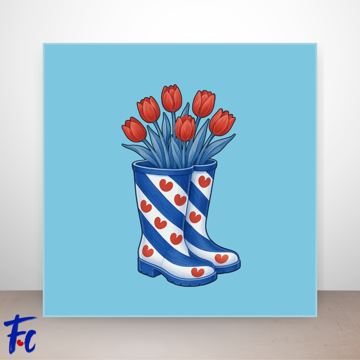 Keramisch tegeltje met Friese laarsjes gevuld met rode tulpen in lichtblauwe en aqua kleuren, voorzien van UV reliëf sticker.