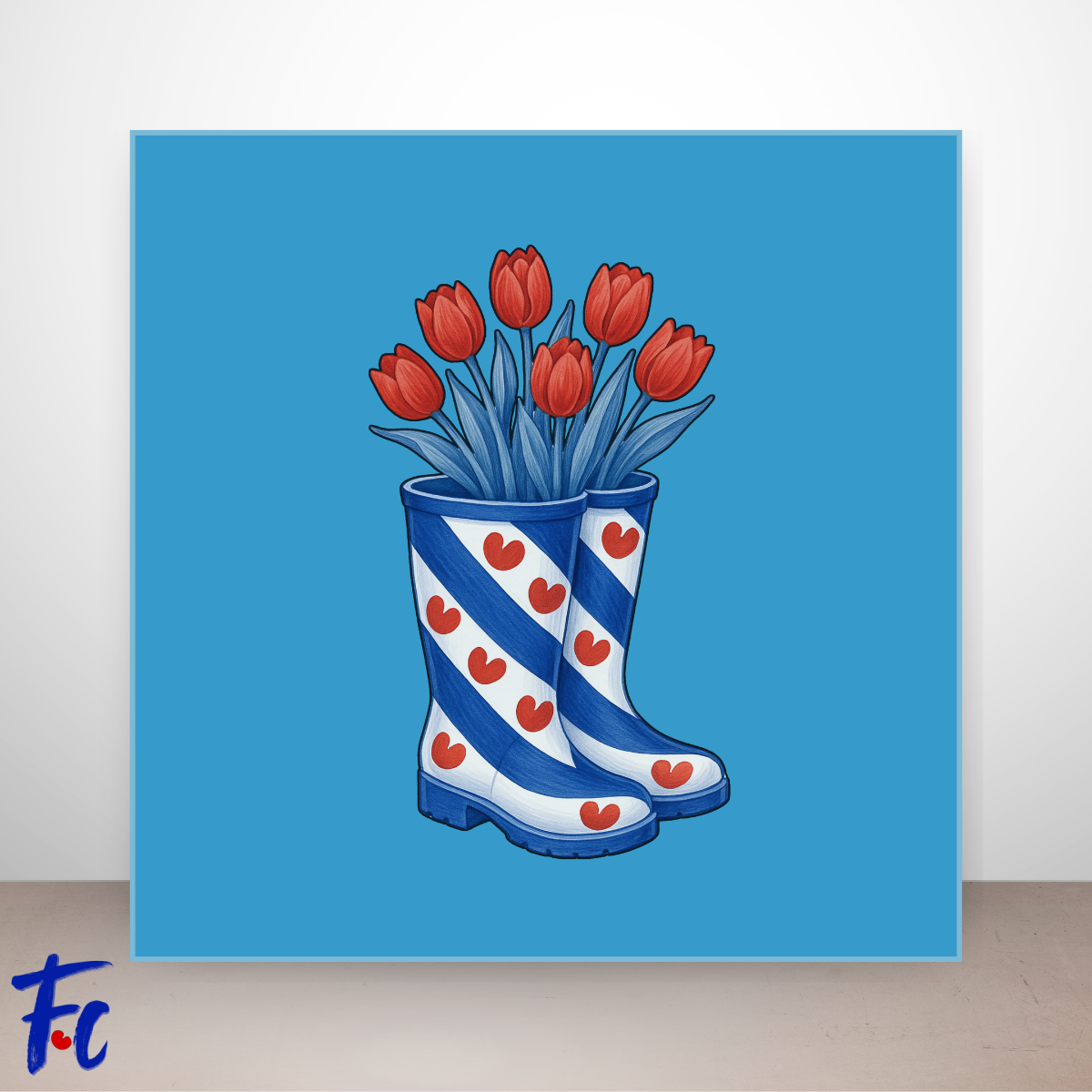 Keramisch tegeltje met Friese laarsjes gevuld met rode tulpen in lichtblauwe en aqua kleuren, voorzien van UV reliëf sticker.