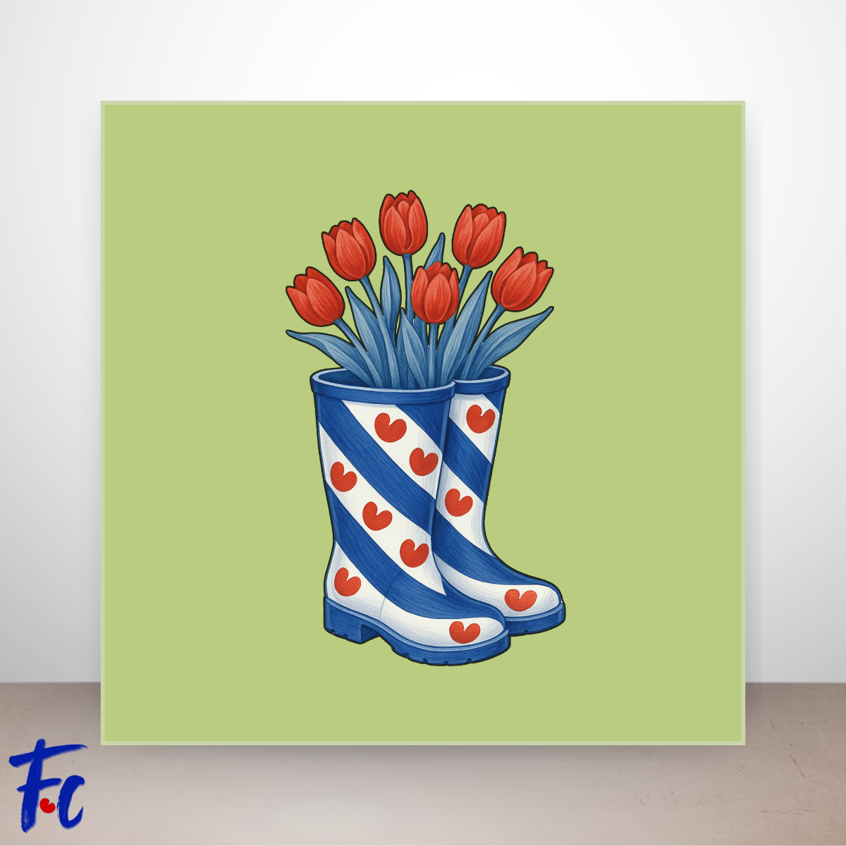 Keramisch tegeltje met Friese laarsjes gevuld met rode tulpen in lichtgroen kleur, voorzien van UV reliëf sticker.