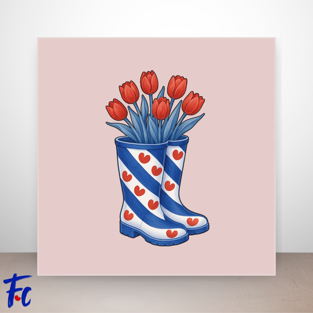 Keramisch tegeltje met Friese laarsjes gevuld met rode tulpen in lichtroze kleuren, voorzien van UV reliëf sticker.