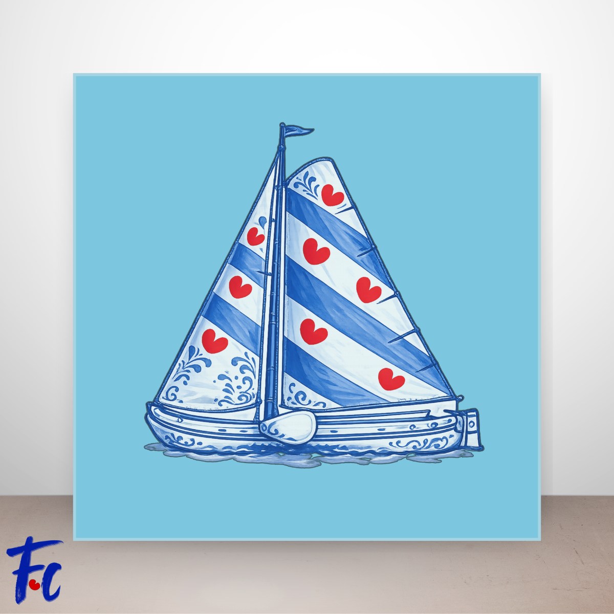 Fries skûtsje op tegeltje met Friese vlag, rode pompeblêden en Delftsblauwe details op lichtblauwe achtergrond.