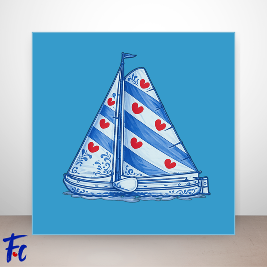 Fries skûtsje op tegeltje met Friese vlag, rode pompeblêden en Delftsblauwe details op lichtblauwe achtergrond.