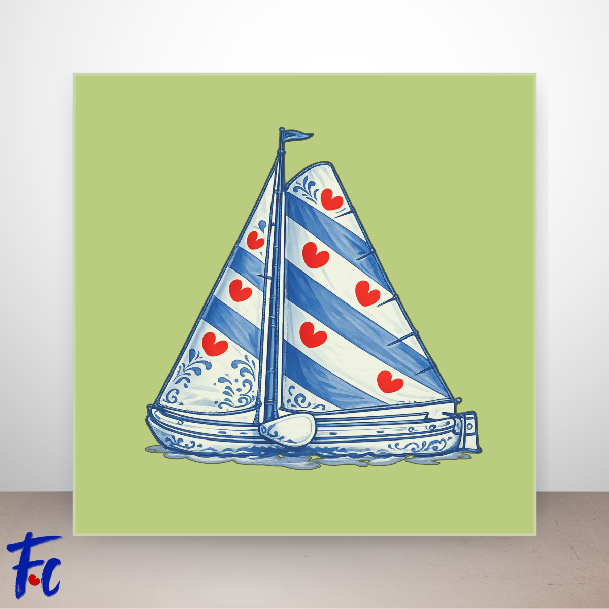 Fries skûtsje op tegeltje met Friese vlag, rode pompeblêden en Delftsblauwe details op lichtgroene achtergrond.