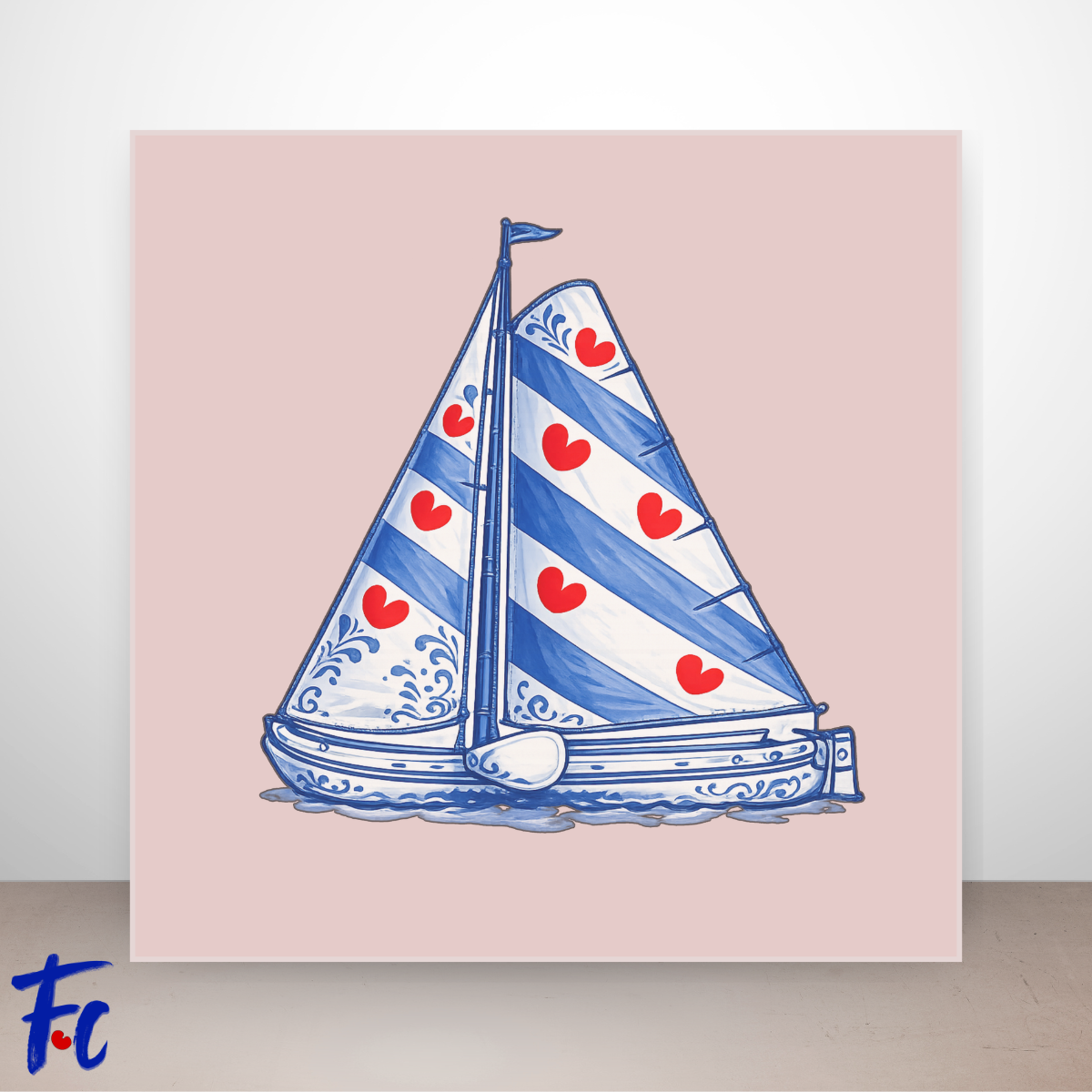 Fries skûtsje op tegeltje met Friese vlag, rode pompeblêden en Delftsblauwe details op lichtroze achtergrond.