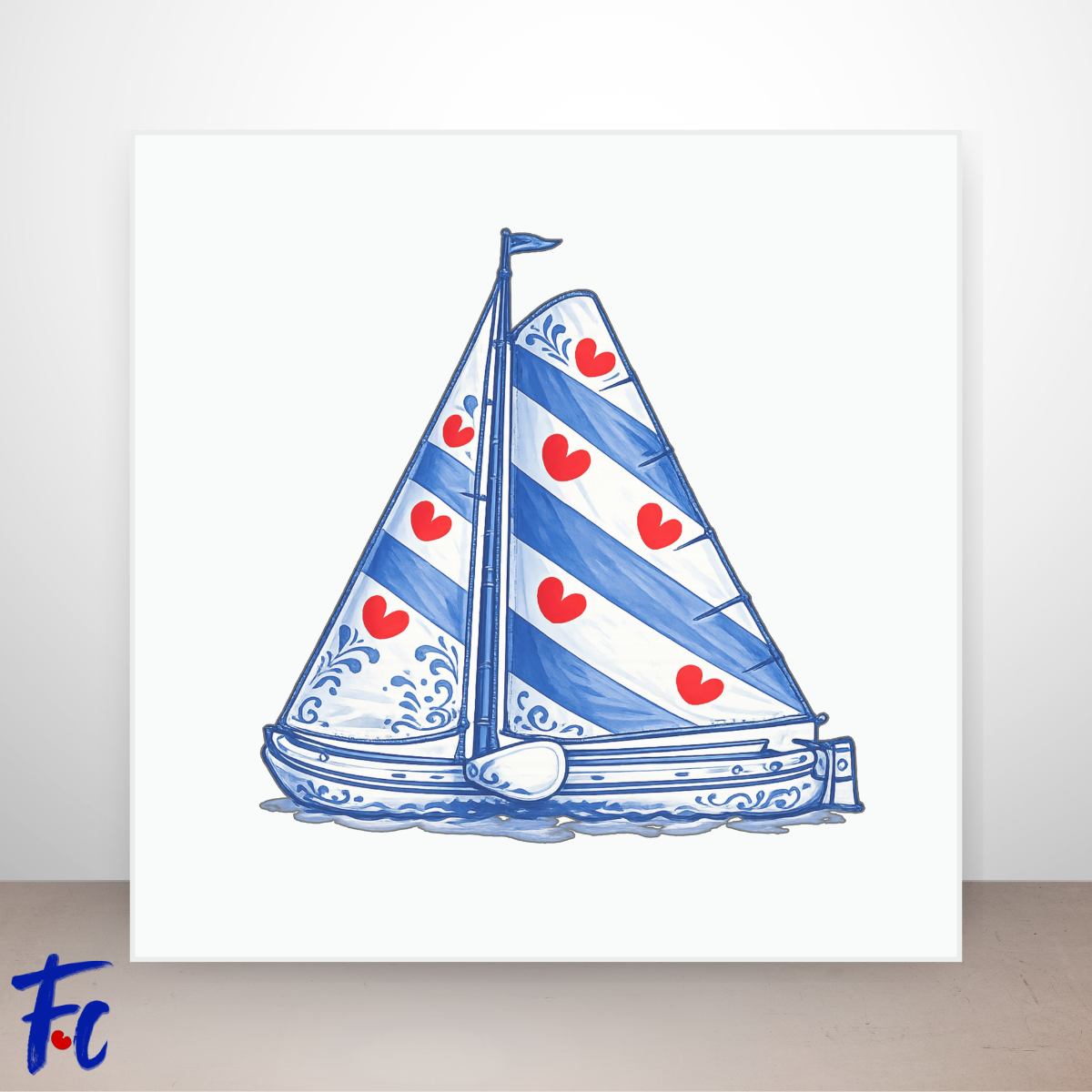 Fries skûtsje op tegeltje met Friese vlag, rode pompeblêden en Delftsblauwe details op witte achtergrond.
