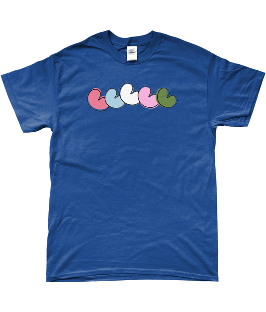 Blauw T-shirt me 5 pompeblêden in verschillende kleuren