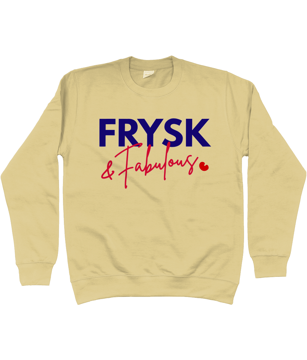 sweater met donkerblauwe en rode opdruk Frysk & Fabulous en rood pompeblêd