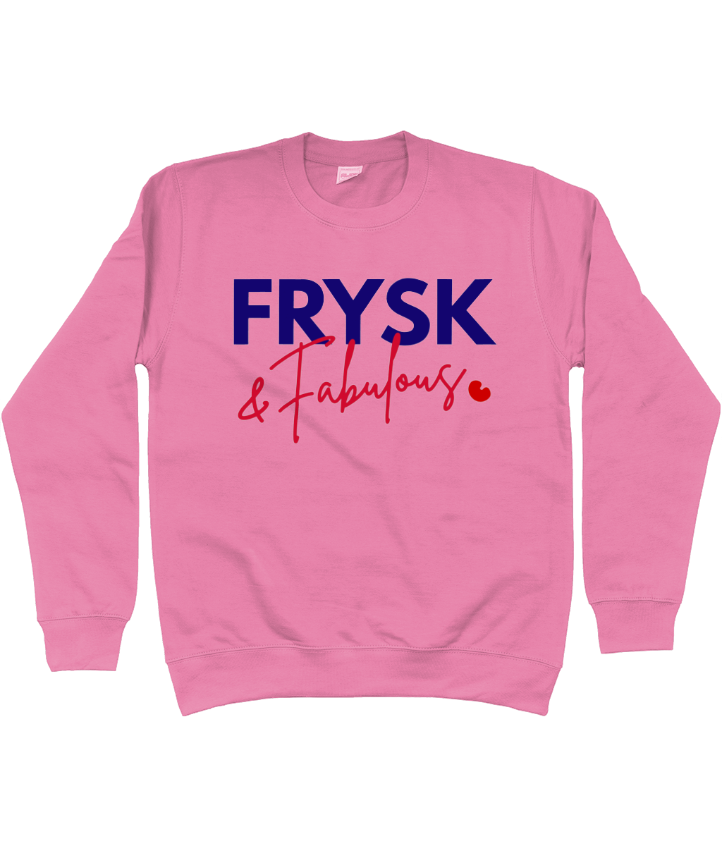 Sweater met donkerblauwe en rode opdruk Frysk & Fabulous en rood pompeblêd