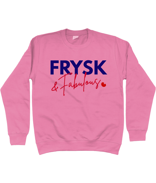 Sweater met donkerblauwe en rode opdruk Frysk & Fabulous en rood pompeblêd