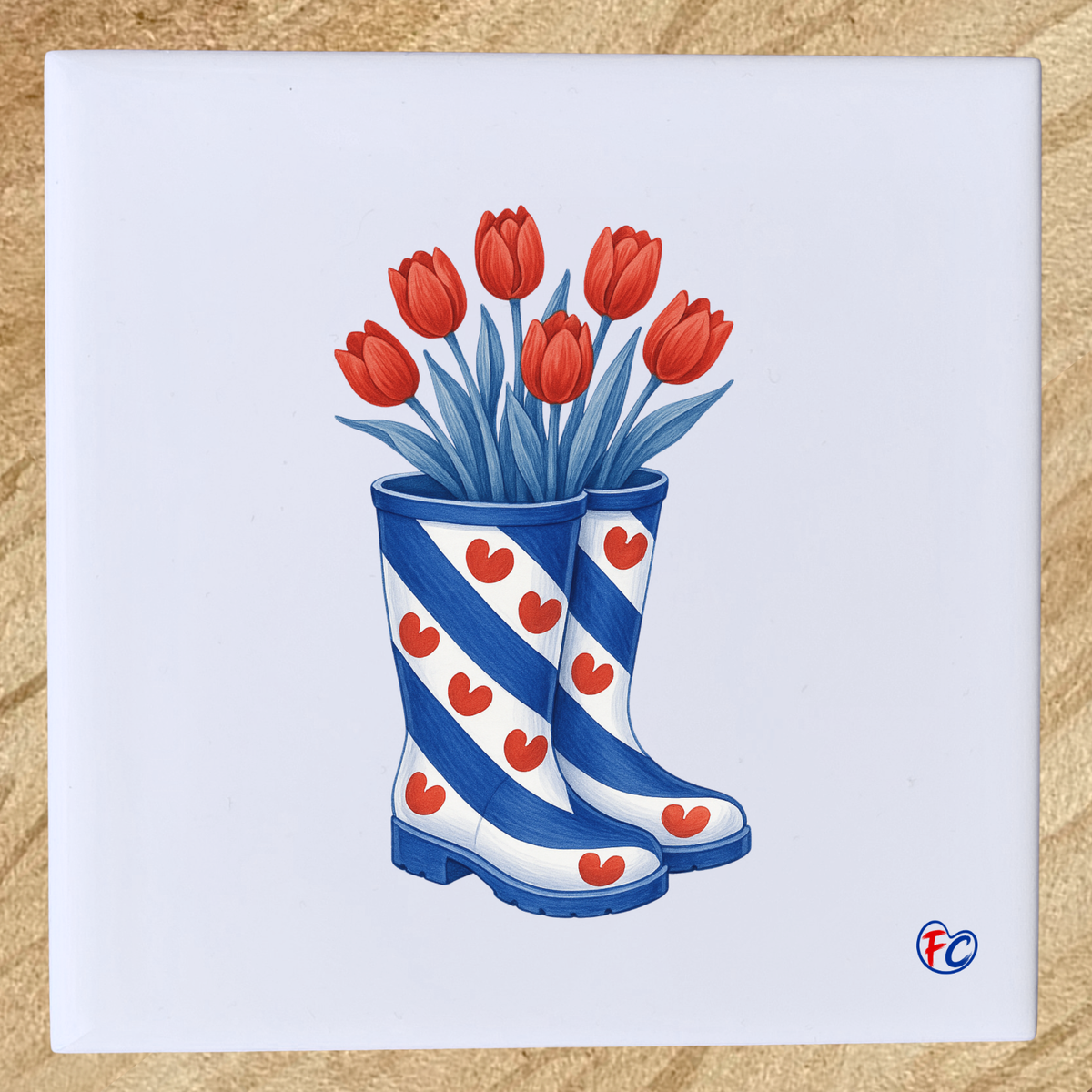 Fries keramieken tegeltje met blauwe regenlaarzen, rode tulpen en pompeblêden.
