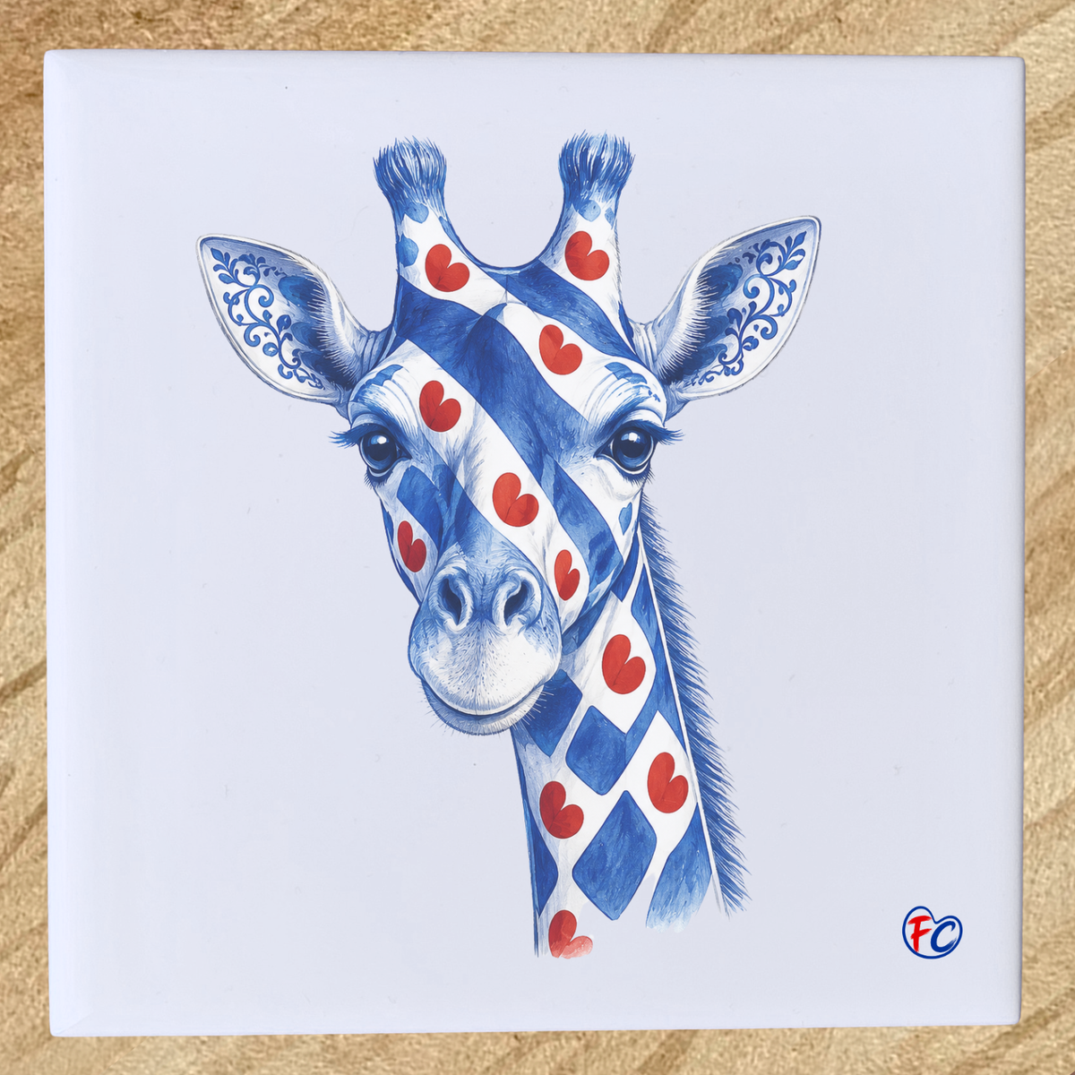 Keramieken tegeltje met giraffe in Delftsblauw design en Friese pompeblêden.