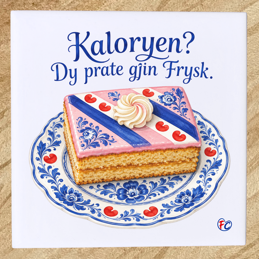 Fries tegeltje met oranjekoek op een Delftsblauw bord met pompeblêden en de tekst Kaloryen? Dy prate gjin Frysk.