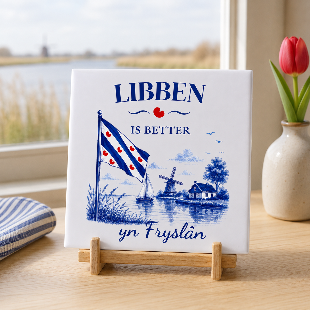 Fries keramisch tegeltje Libben is better yn Fryslân met Friese vlag, pompeblêden, zeilboot en molen
