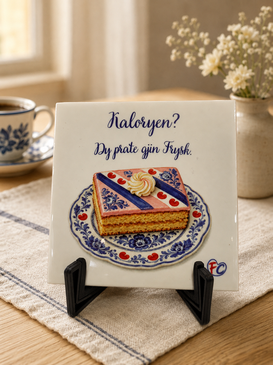 Fries tegeltje met oranjekoek op een Delftsblauw bord met pompeblêden en de tekst Kaloryen? Dy prate gjin Frysk.