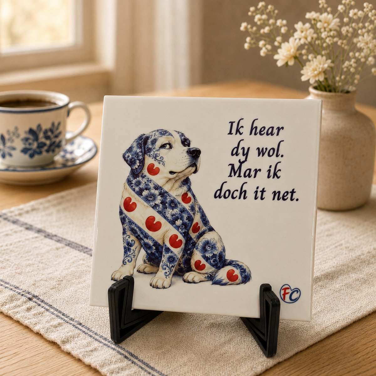 Grappig Fries tegeltje met eigenwijze hond en de tekst ‘Ik hear dy wol. Mar ik doch it net.’ Een origineel cadeau voor hondenliefhebbers.