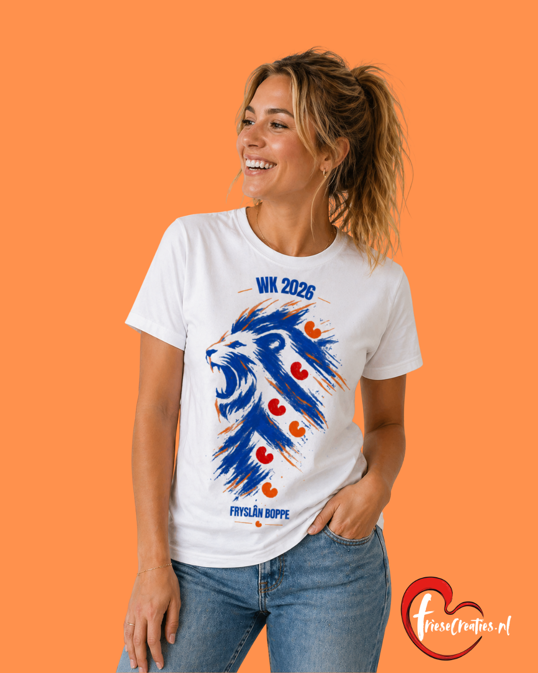 Wit T-shirt met blauwe leeuw in Friese vlag stijl met rode pompeblêden en oranje accenten, tekst Fryslân Boppe WK 2026