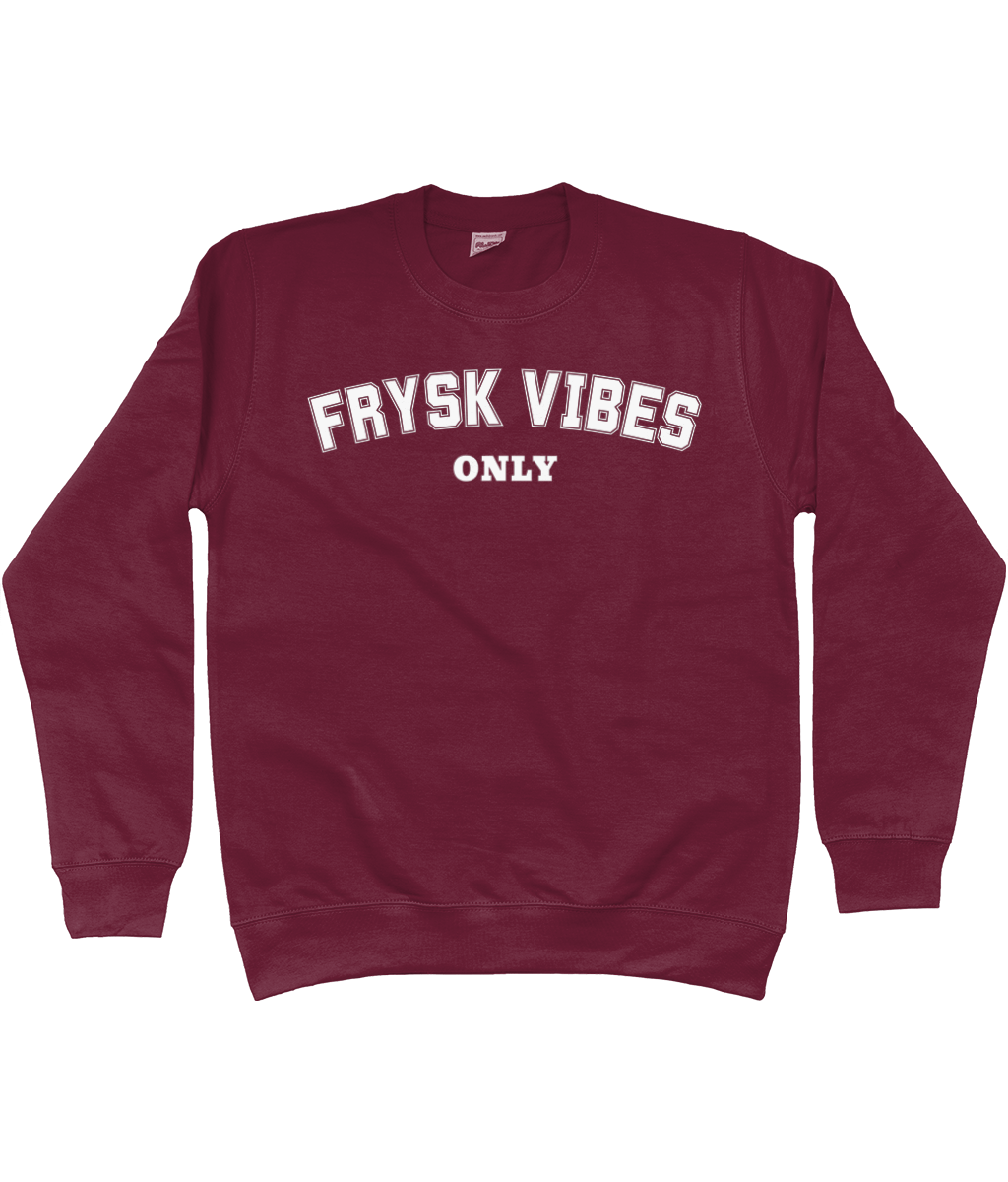 sweater met opdruk FRYSK VIBES ONLY in witte varsity-letters, Friese college-stijl