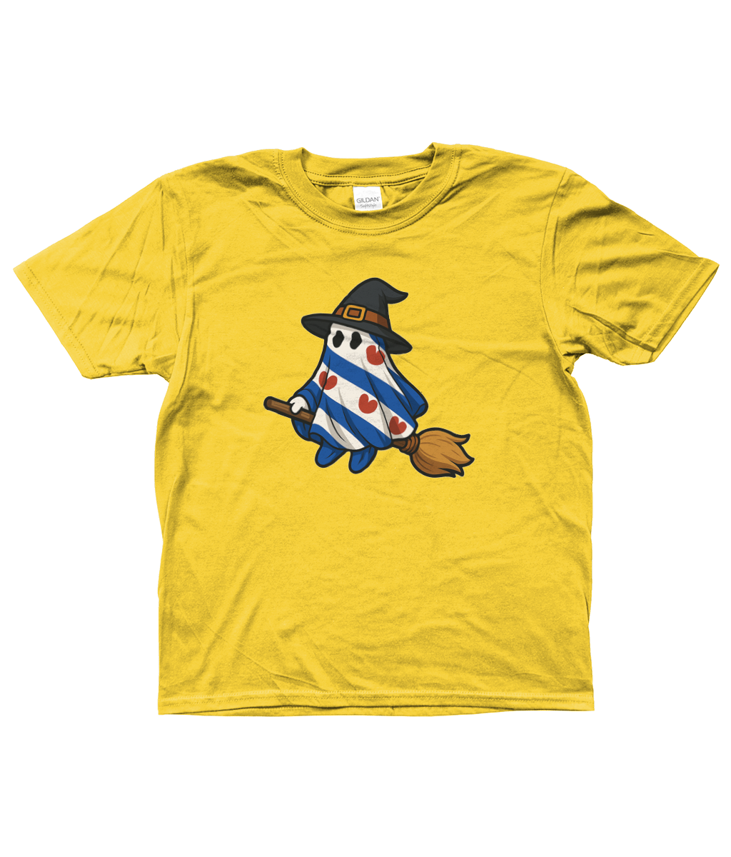 gele kinder T-shirt met Fries spookje in Friese vlag op een bezem met heksenhoed – Halloween design