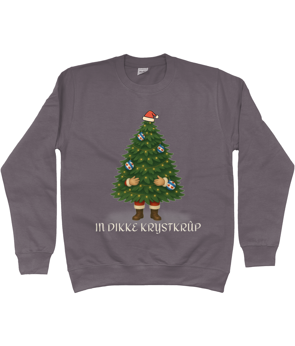 Foute Friese kersttrui “In Dikke Krystkrûp” –  grijze sweater met kerstboom, Friese kerstballen en tekst in het Fries.