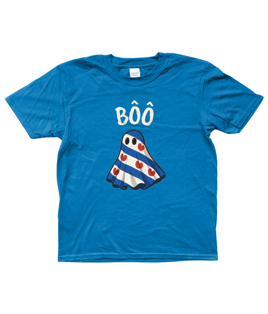 blauw kinder T-shirt met Fries spookje in de Friese vlag en tekst Bôô – Halloween design