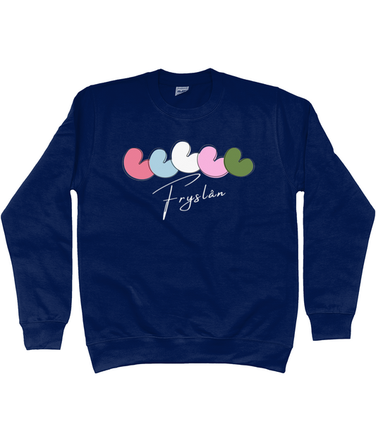 Blauw sweatshirt met vijf pompeblêden op een rij