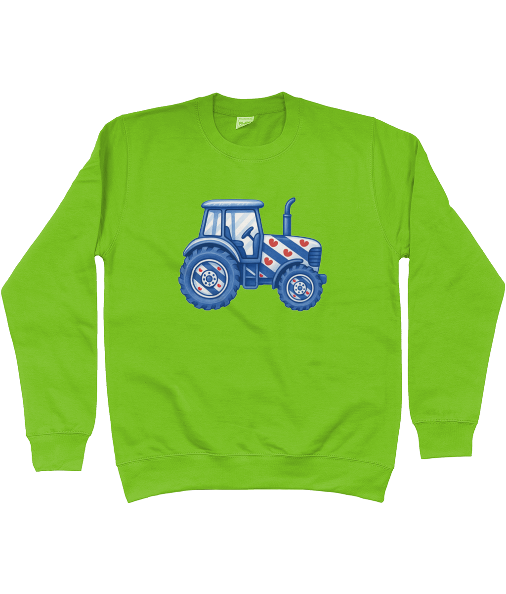 Groen sweatert met blauwe tractor in Friese  stijl met pompeblêden