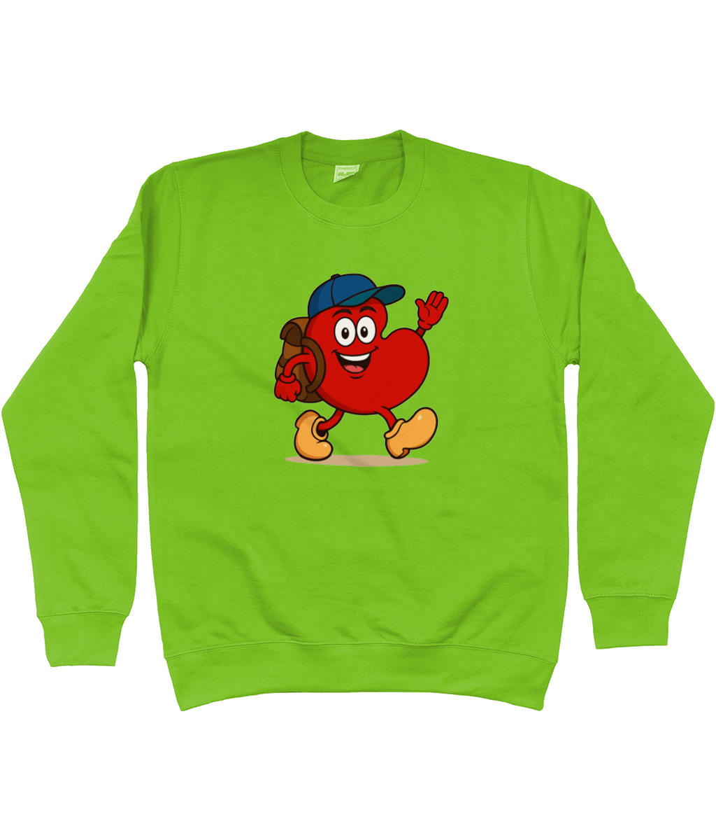 Kindersweater limegroen met print van Pompy die wandelend op pad gaat.
