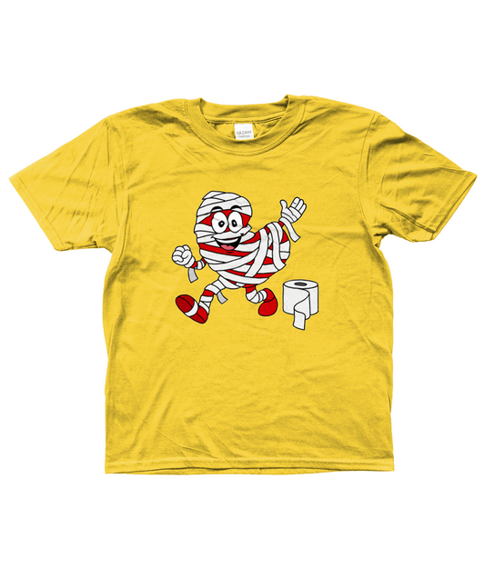 geel kinder T-shirt met Pompy, het Friese pompeblêd, verkleed als mummie met wc-papier – Halloween design