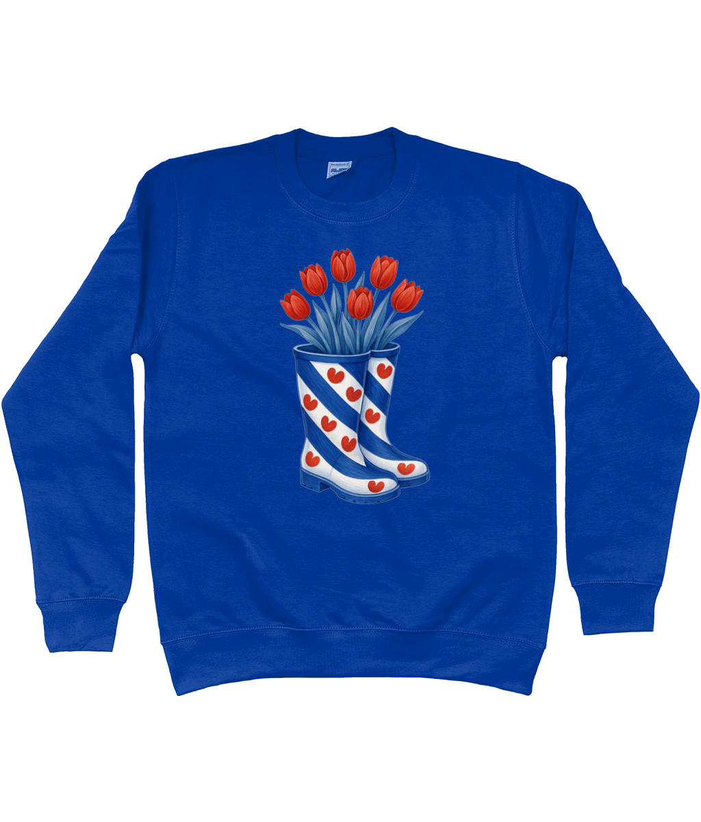 kleding met print van Friese vlag-laarzen gevuld met rode tulpen