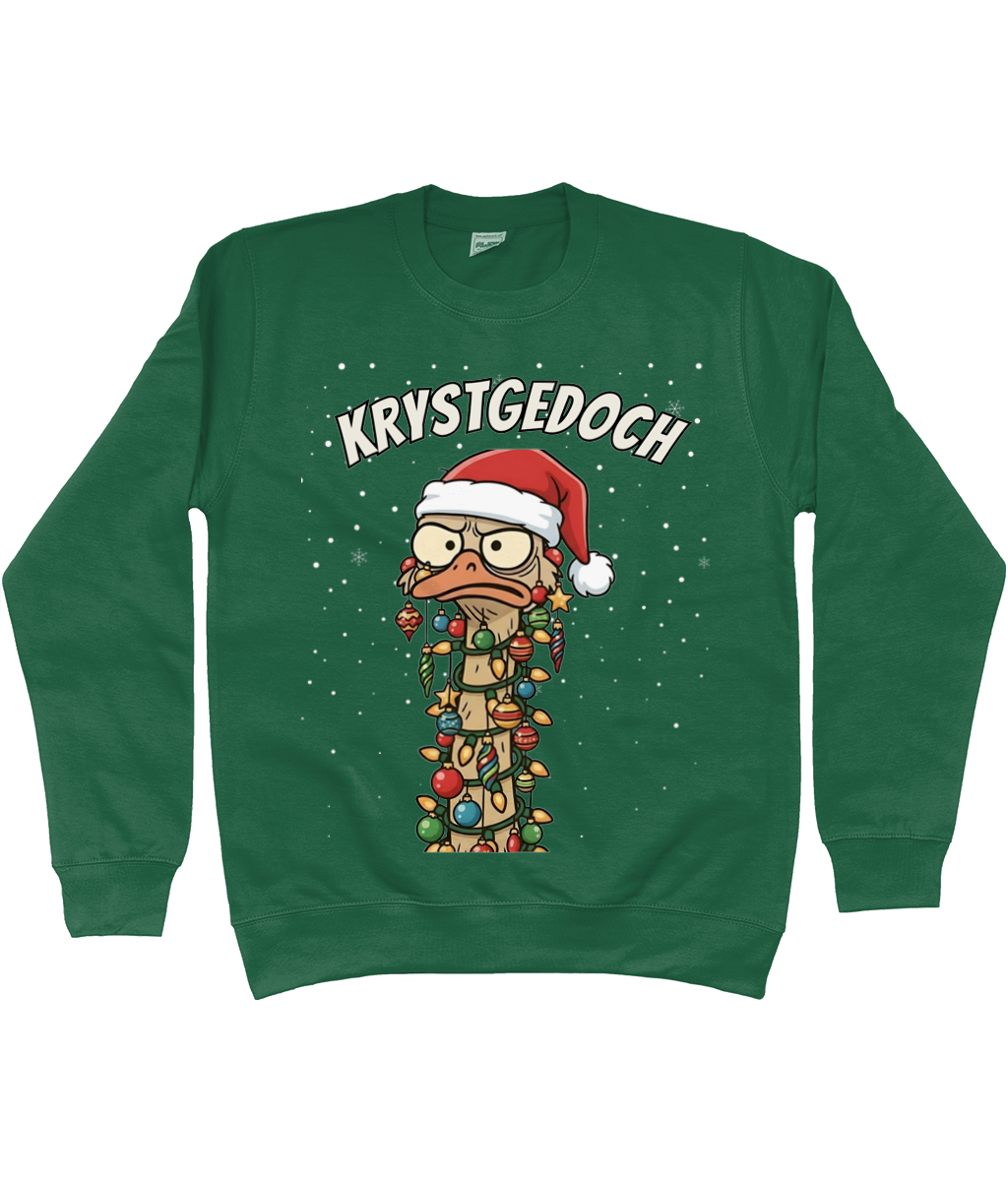 Groene kerst sweater met cartoon-struisvogel in kerstlampjes en kerstmuts, met de Friese tekst “Krystgedoch”.