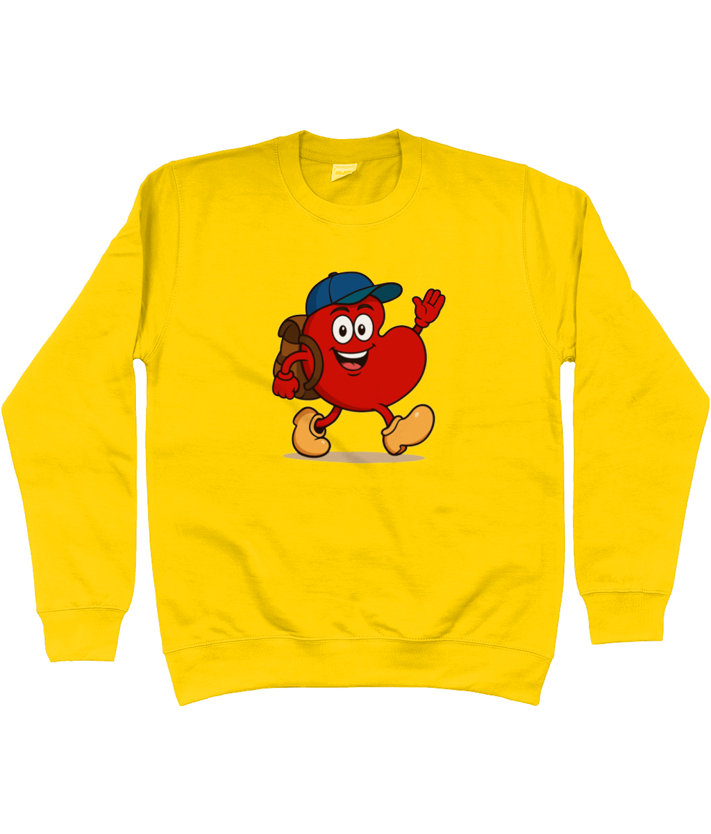 Kindersweater geel met print van Pompy die wandelend op pad gaat.